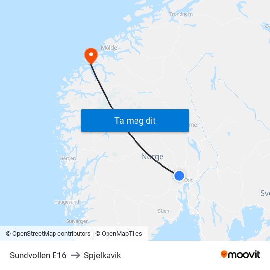 Sundvollen E16 to Spjelkavik map