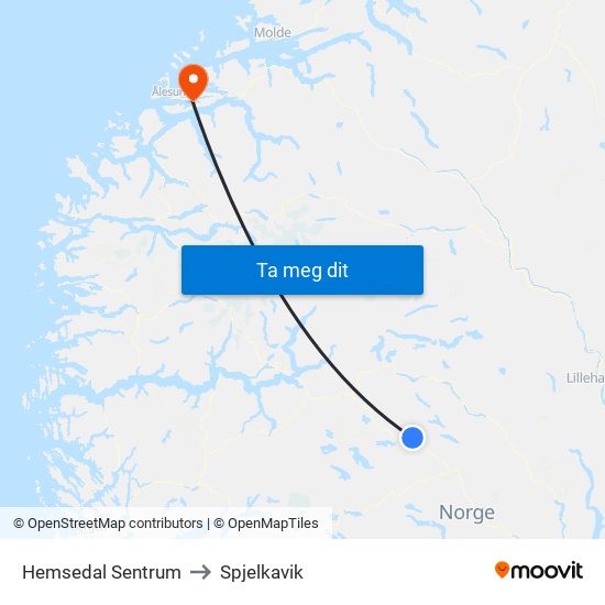 Hemsedal Sentrum to Spjelkavik map