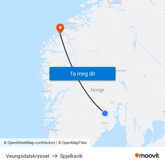 Veungsdalskrysset to Spjelkavik map
