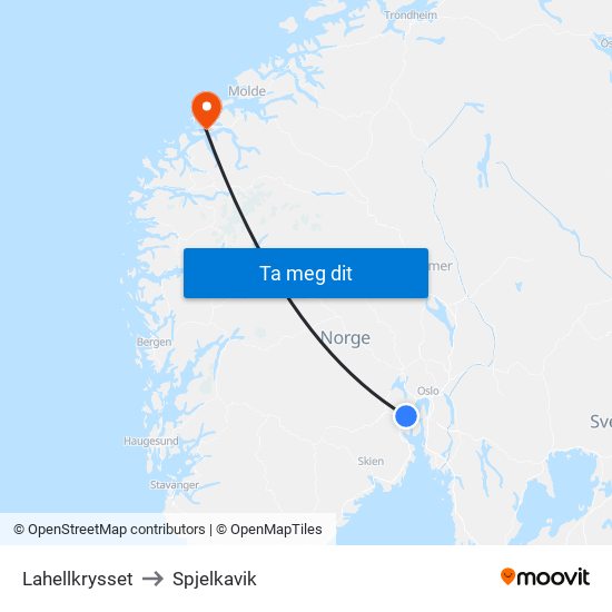 Lahellkrysset to Spjelkavik map
