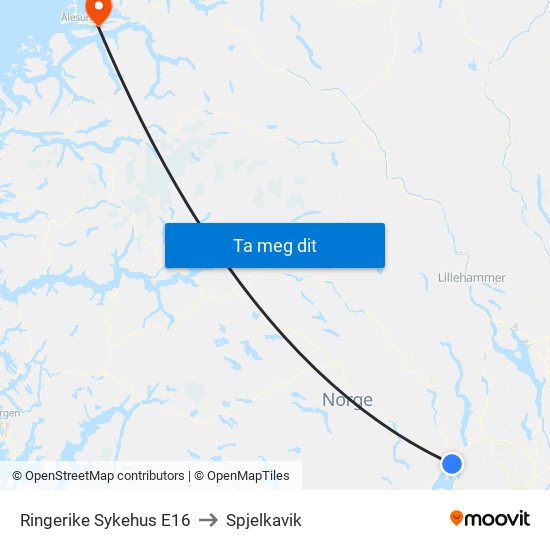 Ringerike Sykehus E16 to Spjelkavik map