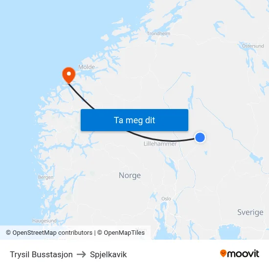 Trysil Busstasjon to Spjelkavik map