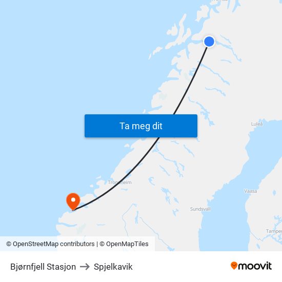 Bjørnfjell Stasjon to Spjelkavik map