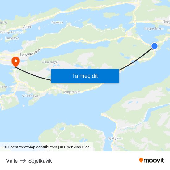 Valle to Spjelkavik map