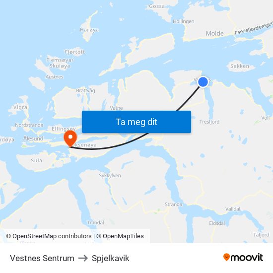 Vestnes Sentrum to Spjelkavik map