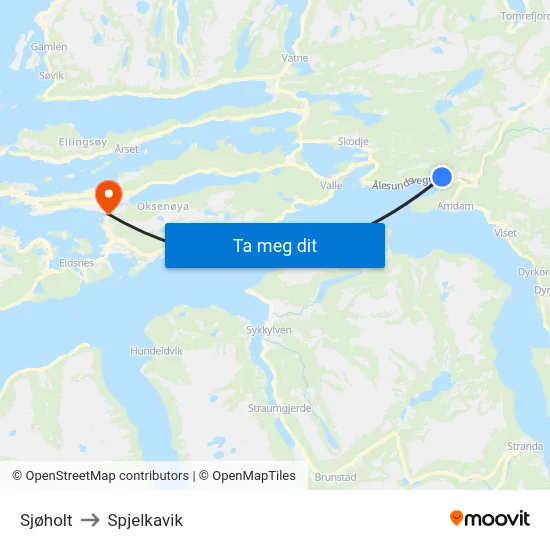 Sjøholt to Spjelkavik map