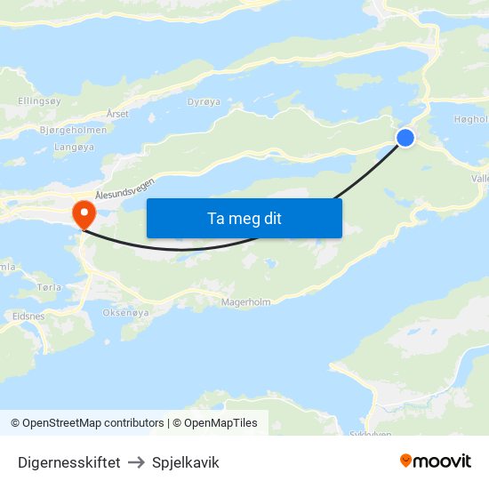 Digernesskiftet to Spjelkavik map