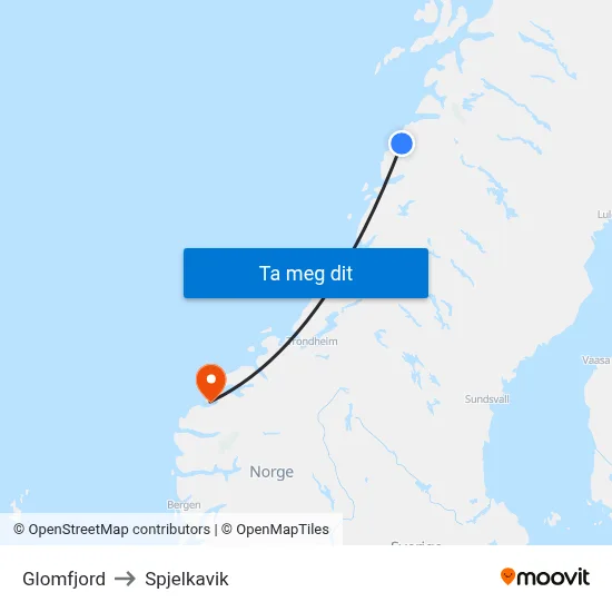 Glomfjord to Spjelkavik map