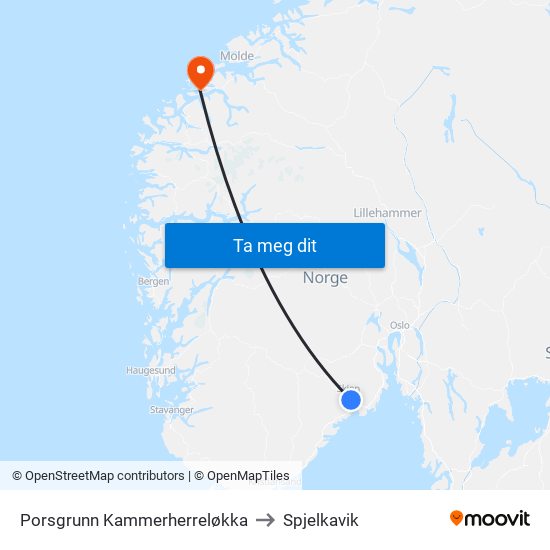 Porsgrunn Kammerherreløkka to Spjelkavik map