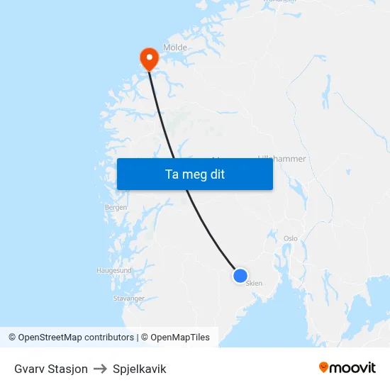 Gvarv Stasjon to Spjelkavik map