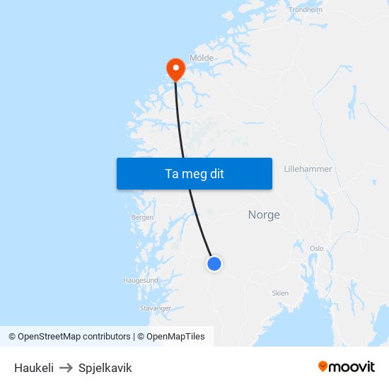 Haukeli to Spjelkavik map