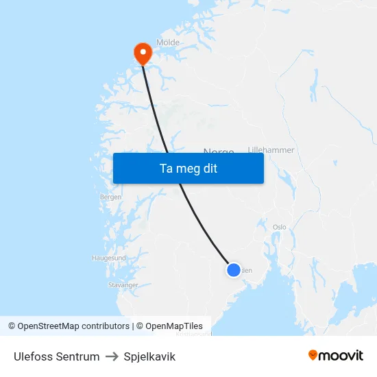 Ulefoss Sentrum to Spjelkavik map