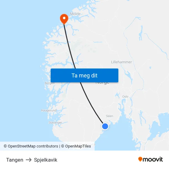 Tangen to Spjelkavik map