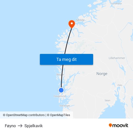 Føyno to Spjelkavik map