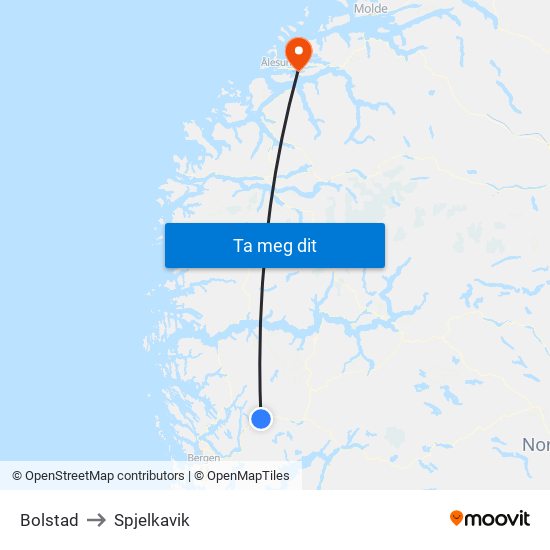 Bolstad to Spjelkavik map