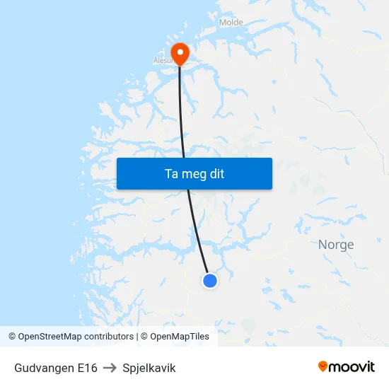 Gudvangen E16 to Spjelkavik map