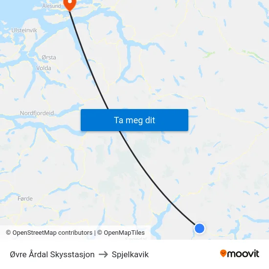 Øvre Årdal Skysstasjon to Spjelkavik map