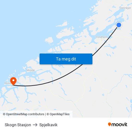 Skogn Stasjon to Spjelkavik map