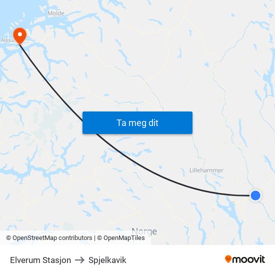 Elverum Stasjon to Spjelkavik map