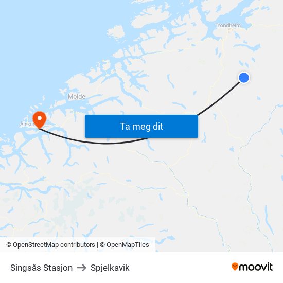 Singsås Stasjon to Spjelkavik map