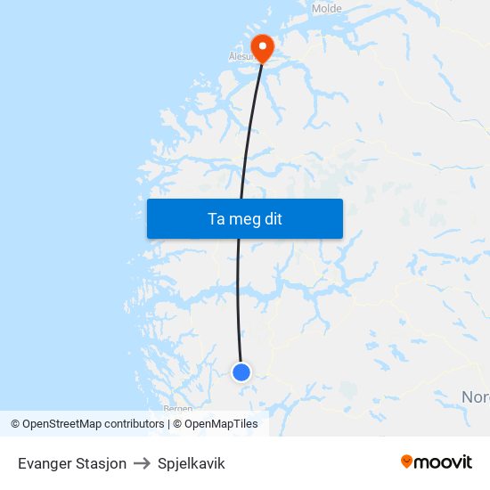 Evanger Stasjon to Spjelkavik map