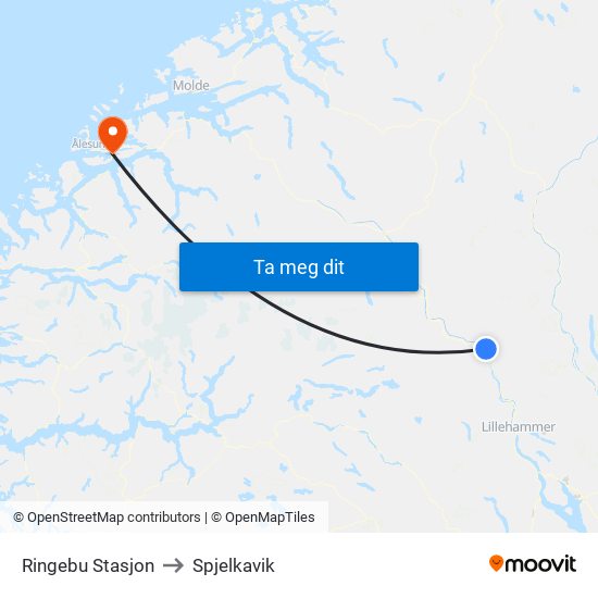 Ringebu Stasjon to Spjelkavik map