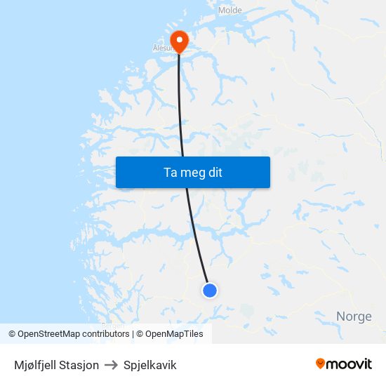 Mjølfjell Stasjon to Spjelkavik map