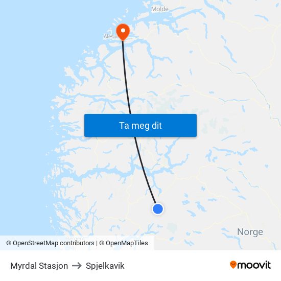 Myrdal Stasjon to Spjelkavik map