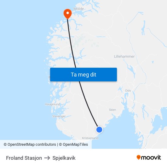 Froland Stasjon to Spjelkavik map