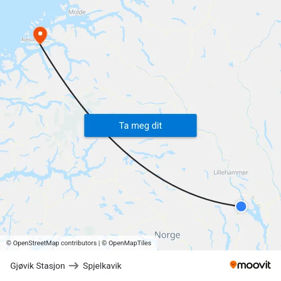 Gjøvik Stasjon to Spjelkavik map