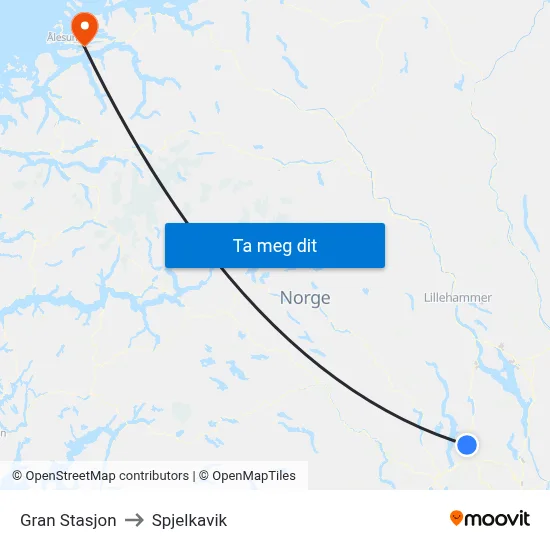 Gran Stasjon to Spjelkavik map