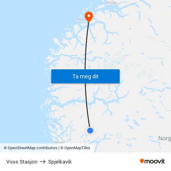 Voss Stasjon to Spjelkavik map