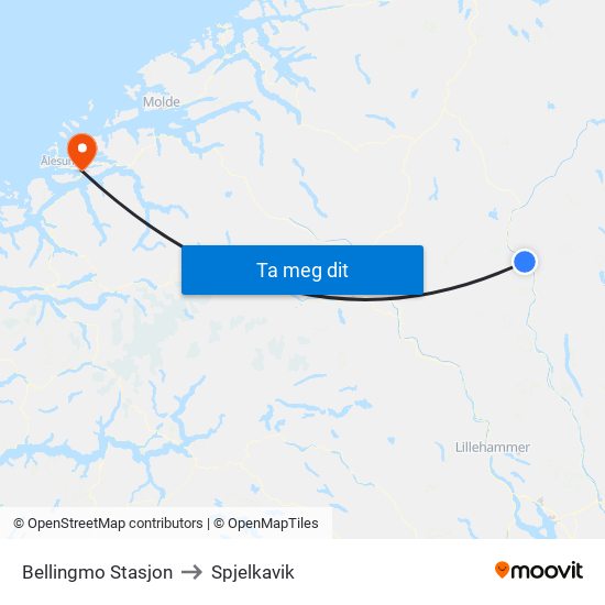 Bellingmo Stasjon to Spjelkavik map