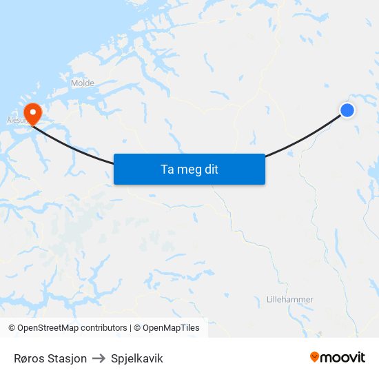 Røros Stasjon to Spjelkavik map