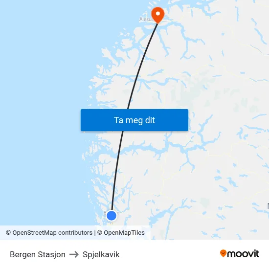 Bergen Stasjon to Spjelkavik map