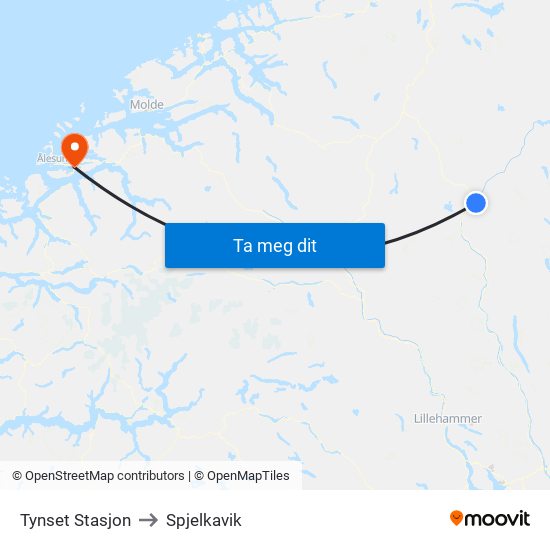Tynset Stasjon to Spjelkavik map