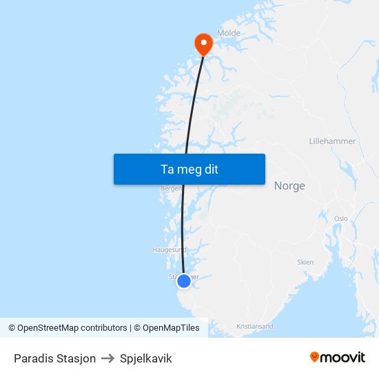 Paradis Stasjon to Spjelkavik map