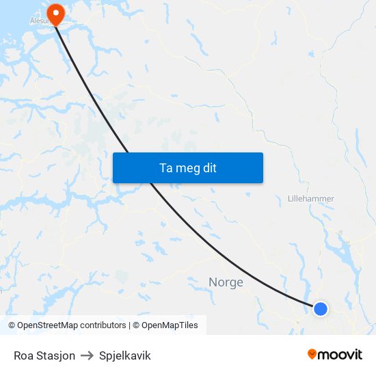Roa Stasjon to Spjelkavik map