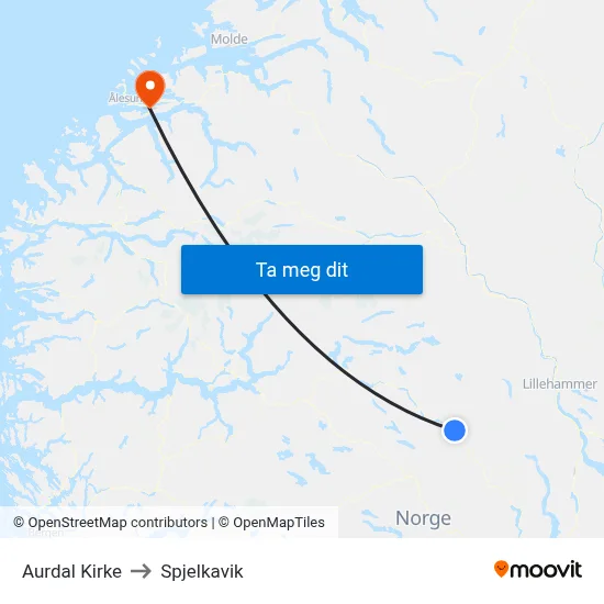 Aurdal Kirke to Spjelkavik map