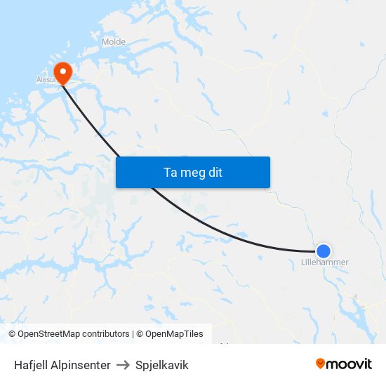 Hafjell Alpinsenter to Spjelkavik map