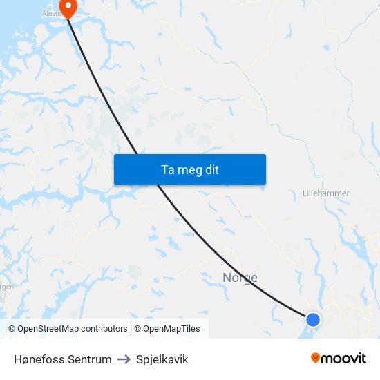 Hønefoss Sentrum to Spjelkavik map