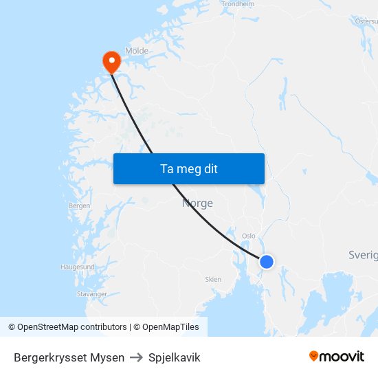 Bergerkrysset Mysen to Spjelkavik map