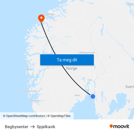 Begbysenter to Spjelkavik map