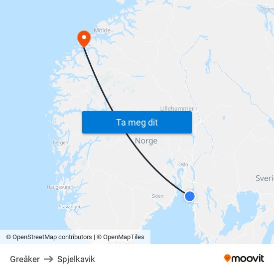 Greåker to Spjelkavik map