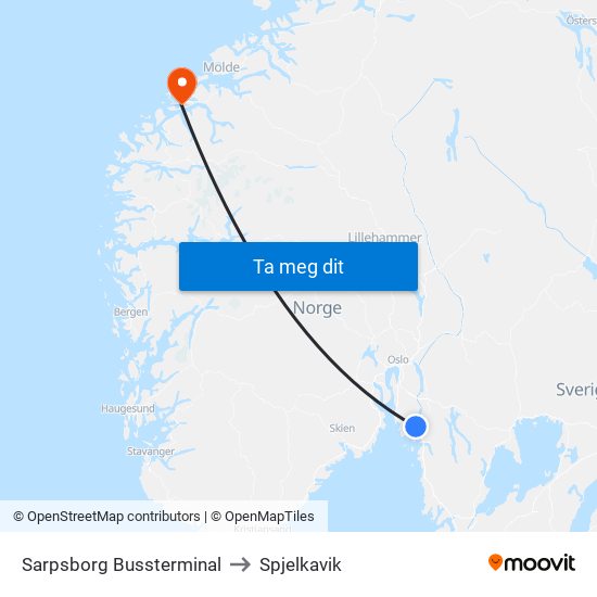 Sarpsborg Bussterminal to Spjelkavik map