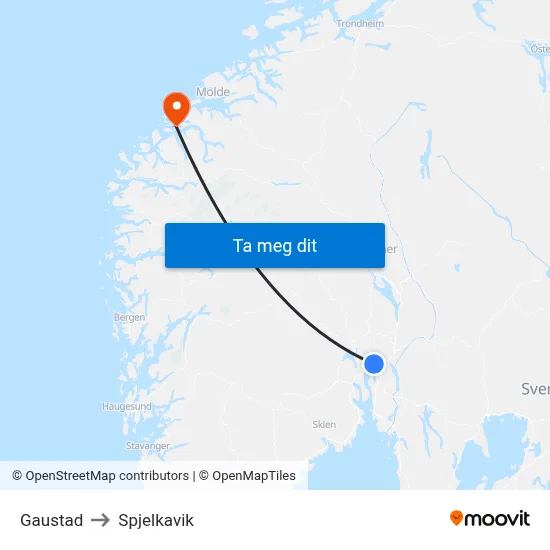 Gaustad to Spjelkavik map
