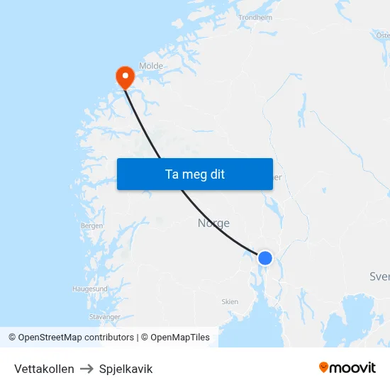 Vettakollen to Spjelkavik map