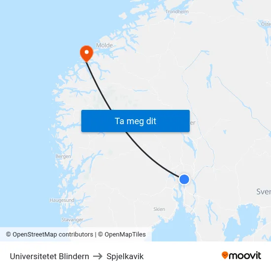 Universitetet Blindern to Spjelkavik map