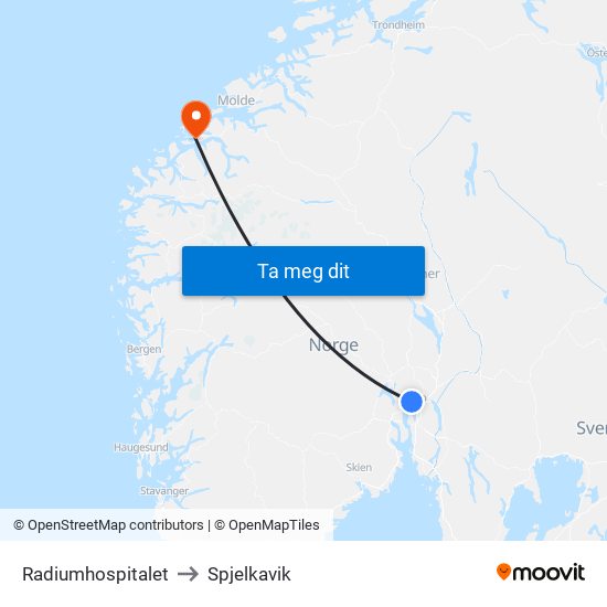 Radiumhospitalet to Spjelkavik map