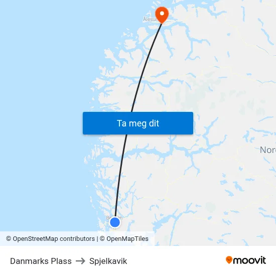 Danmarks Plass to Spjelkavik map